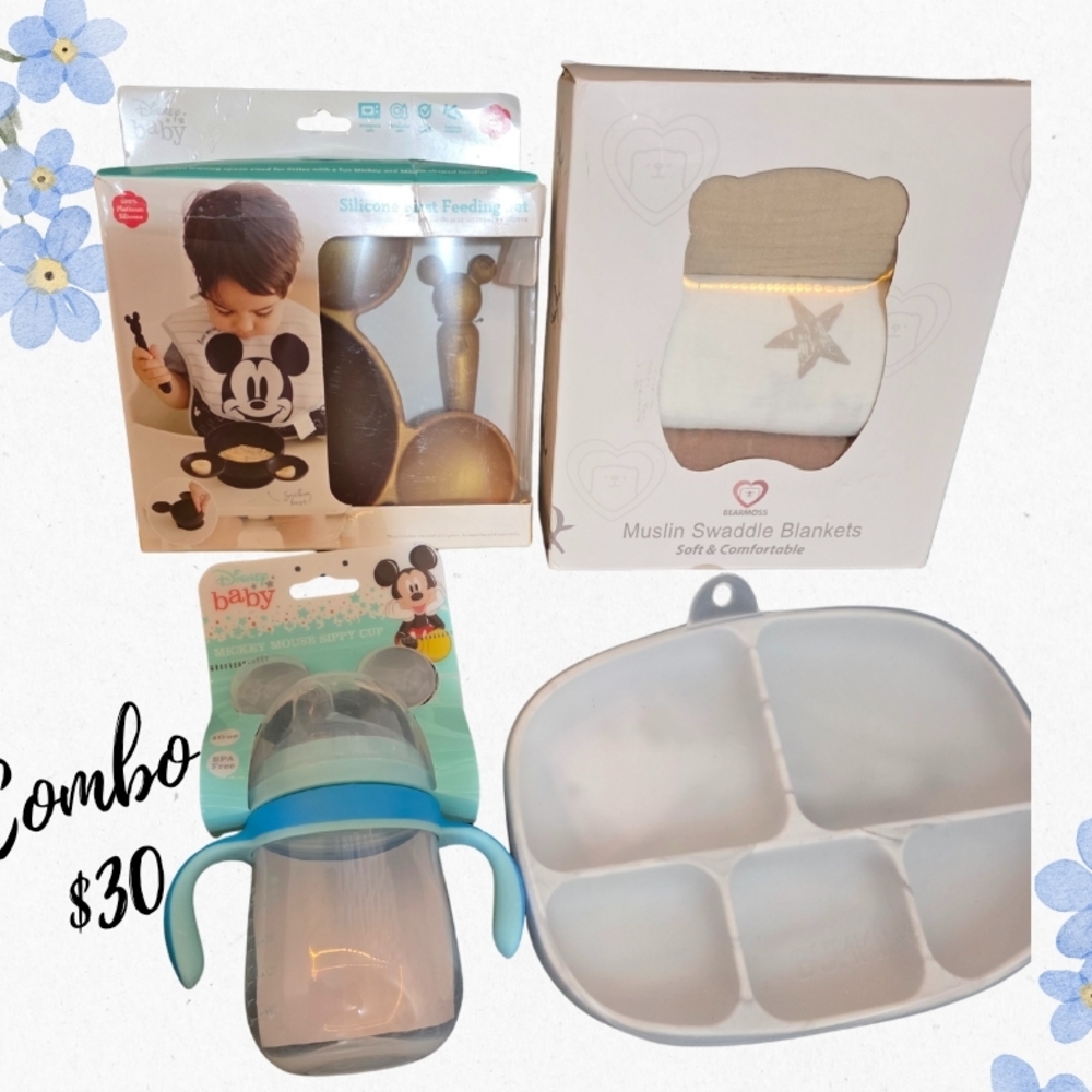 Disney Mickey Mouse Feeding Set and Swaddle Blanket Combo - Blue and Gray
